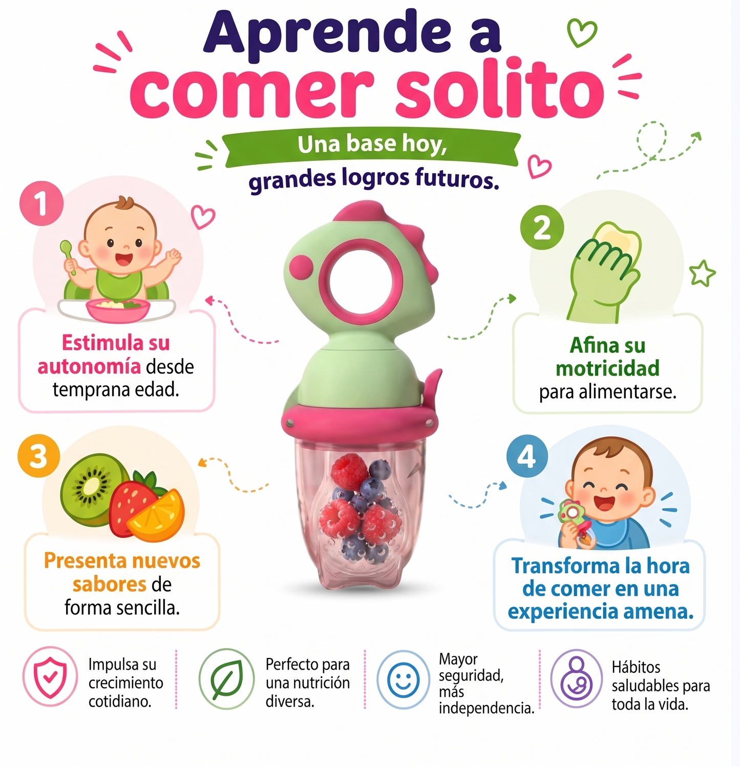 Alimentador de Silicona para Bebé — Mordedor de Frutas NutriDino®